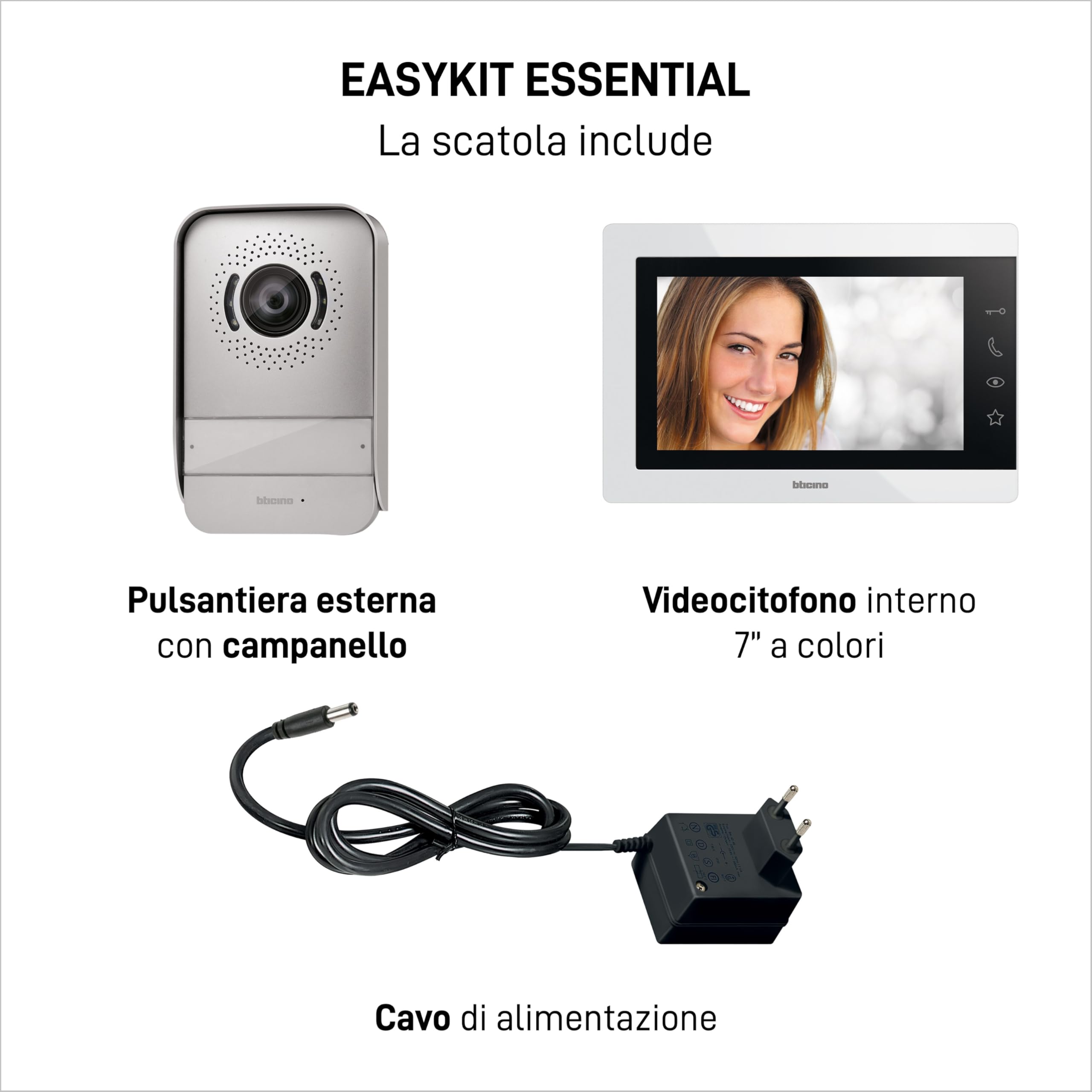 Bticino 317913 EASYKIT ESSENTIAL VIDEOCITOFONO MONOFAMILIARE Plug-In 2 Fili con: 1 Pulsantiera Esterna, Campanello e Telecamera, 1 Monitor Interno 7'' a Colori Vivavoce
