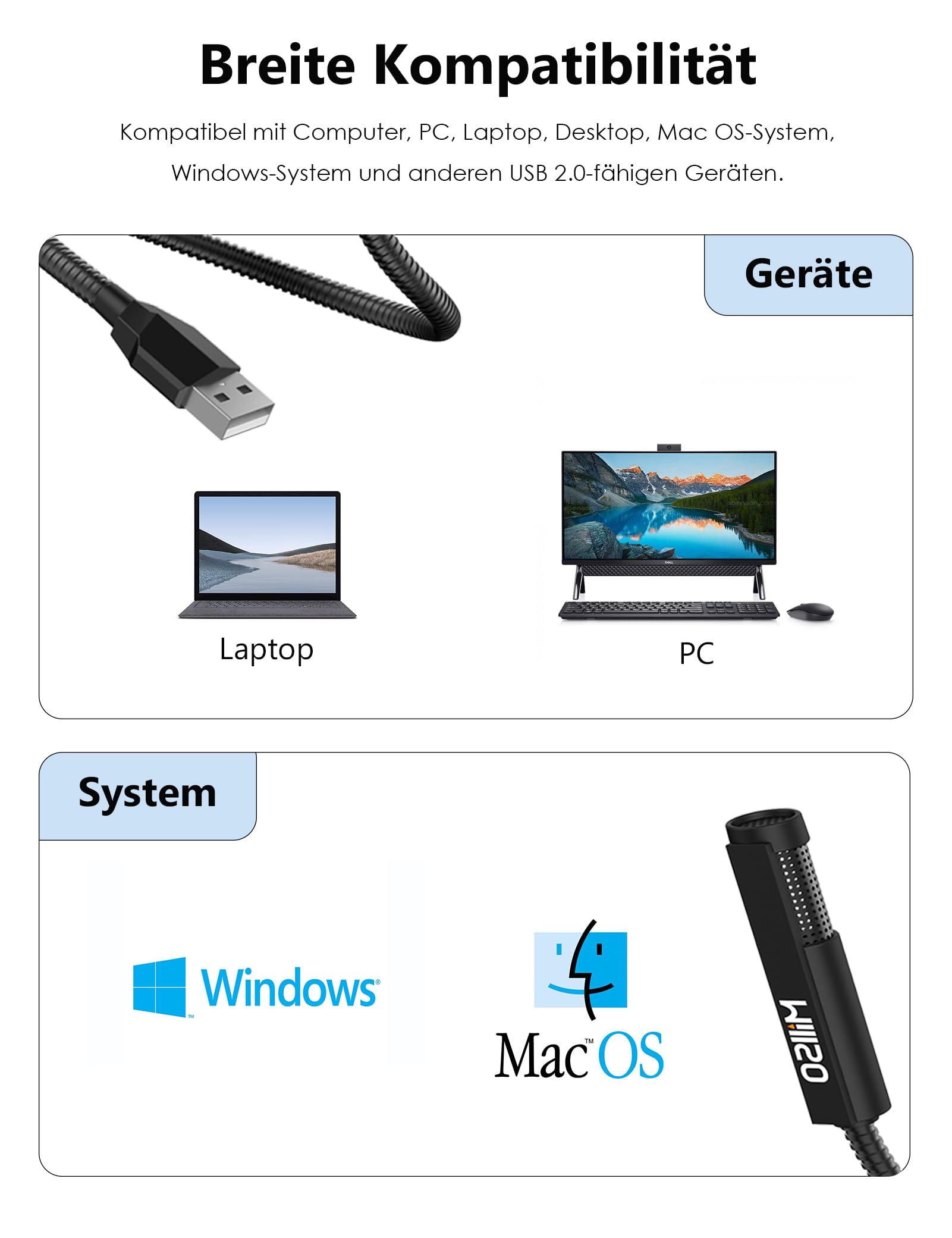 MillSO USB Mikrofon für PC Laptop PS5 PS4, Omnidirektionaler Kondensator Mikrofon mit 360° verstellbar flexiblem Schwanenhals für Aufnahme, Online-Chat, Spiele, Live-Podcasting, YouTube und Skype
