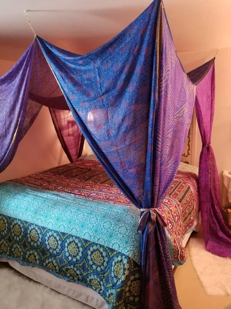 Bed Canopy Curtains Boho Curtains Bohemian Blue Decor India Silk Sari Saree Made to Order Queen Purple Over Bed Tent (King(78"x78"x78"))
