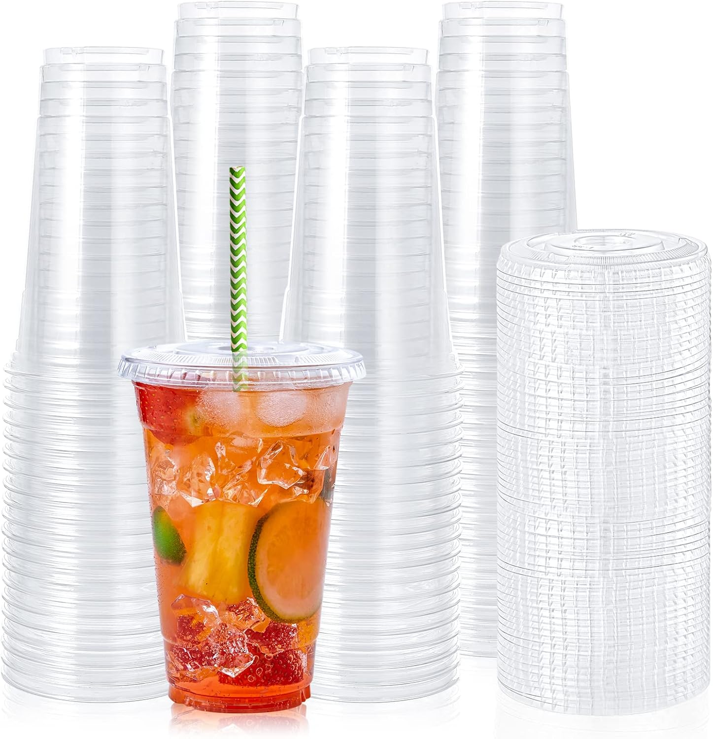 lilymicky [90 sets] 20oz clear plastic cups with flat lids, disposable drinking cups, 20 oz plastic cups for ice coffee, smoothie, slurpee, or any cold drinks clear 20oz cups with lids