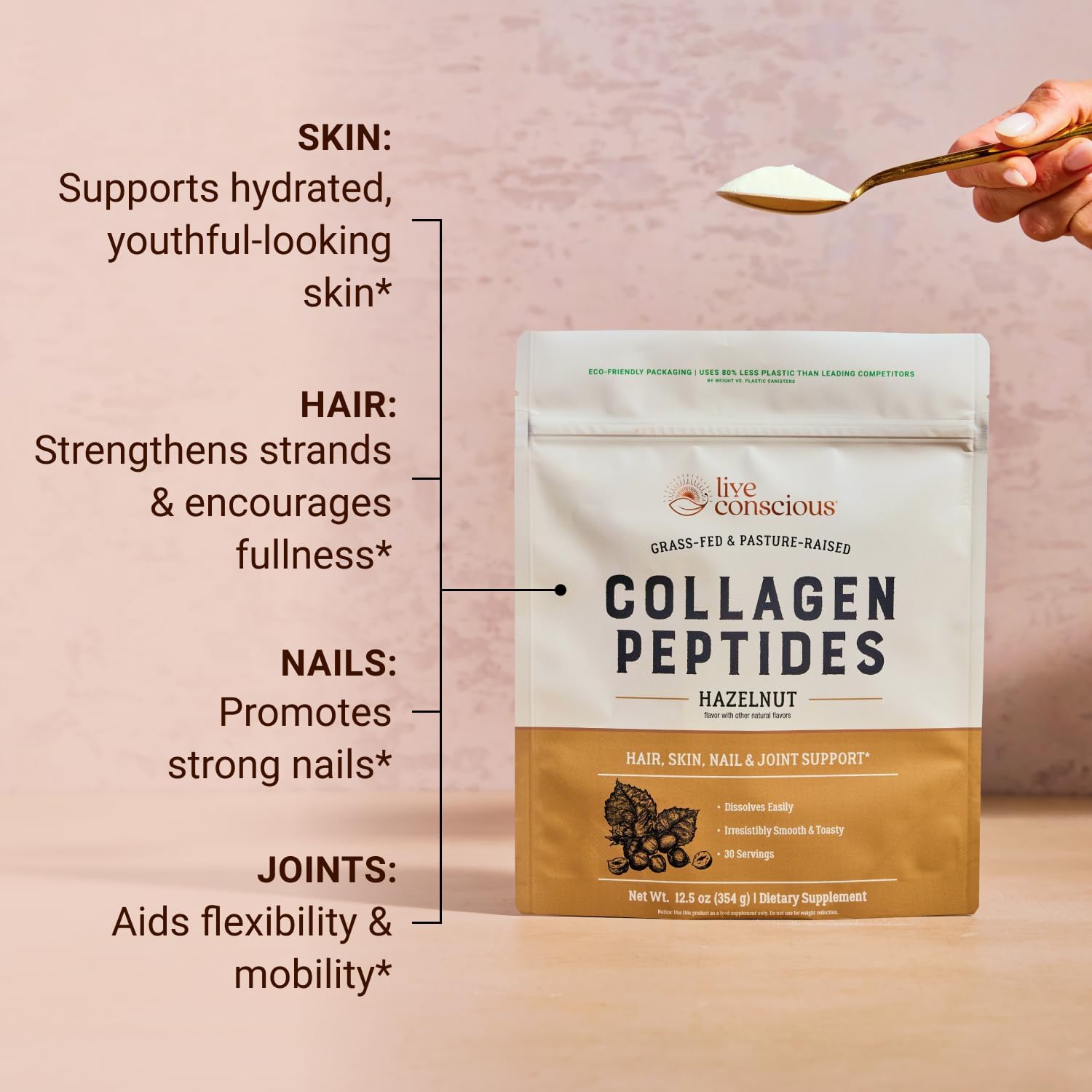 Live Conscious Collagen Peptides Powder - Hazelnut Collagen Powder - Hair, Skin, Nail, & Joint Support - Type I & III Grass-Fed Collagen Supplements for Women and Men - 30 Servings (2-Pack) - 12.4oz - Image 4