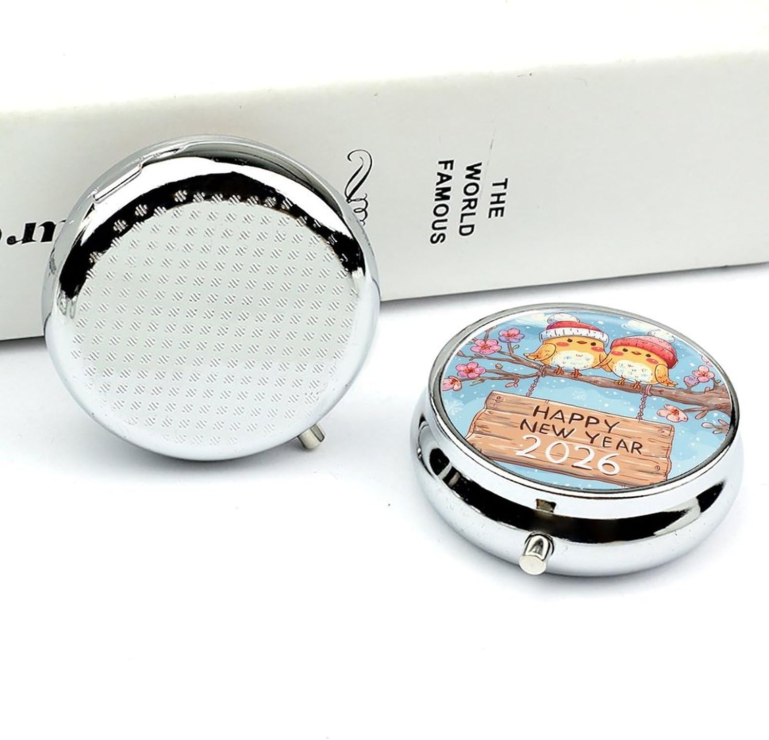 2026 New Year Birds Travel Daily Medicine Pill Organizer Box Small Round Case 3 Compartment image 5