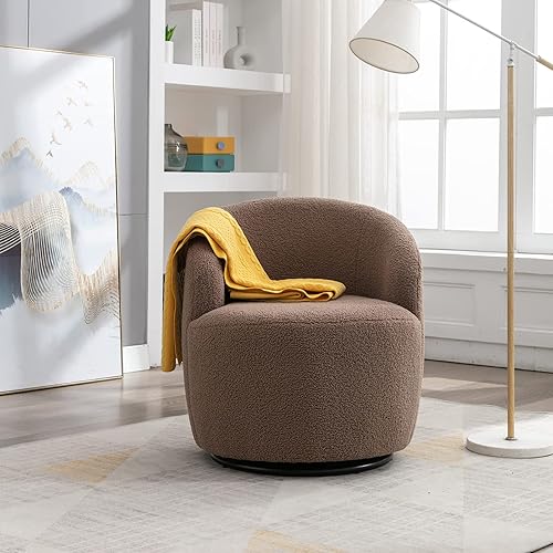 Miniatura 44 de KIVENJAJA Silla giratoria de barril tapizada de tela de peluche, moderna silla redonda con brazos, sillón pequeño giratorio de 360 grados para Azul