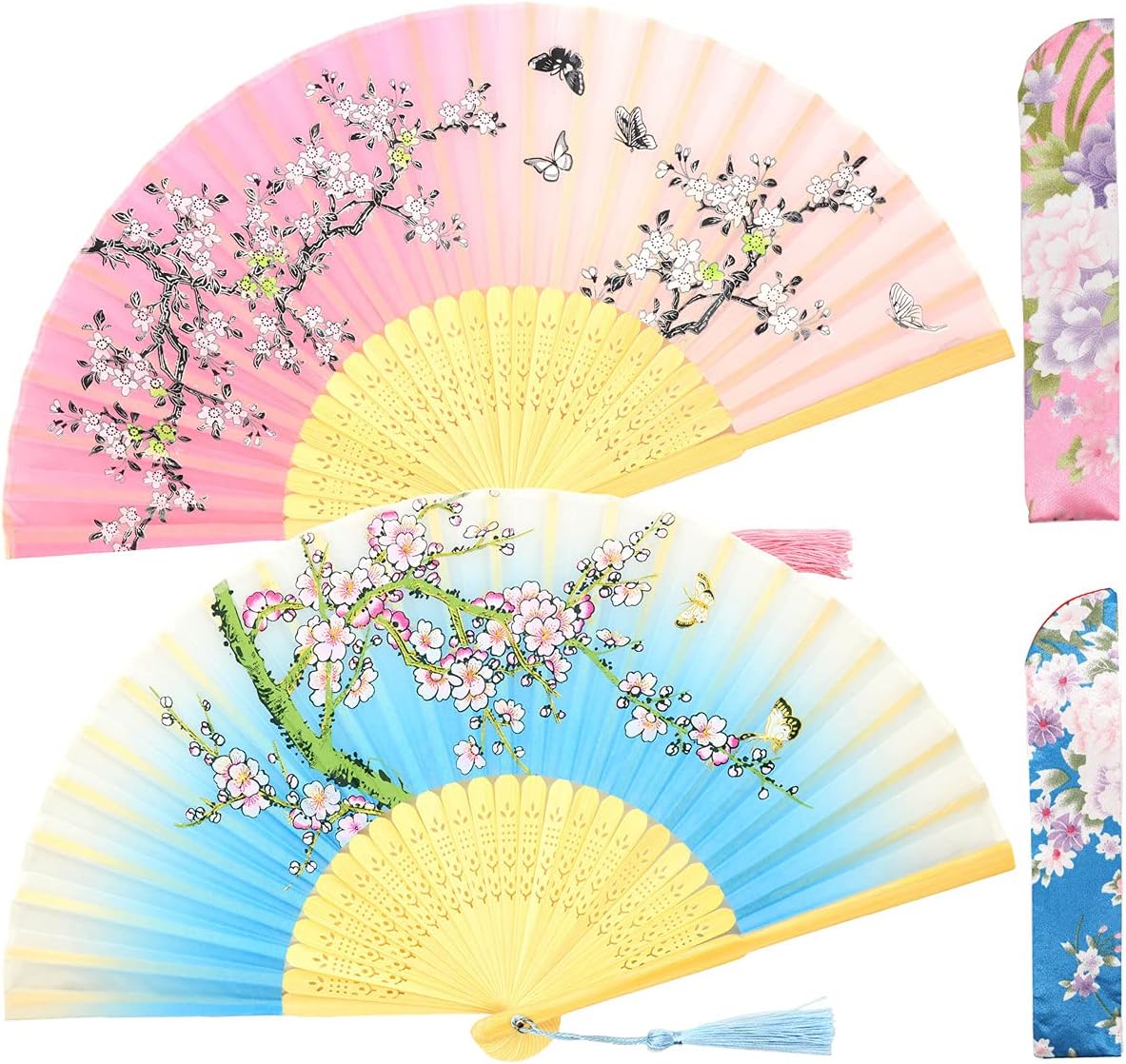 Small Folding Hand Fans for Women -Chinese Japanese 2pcs Vintage Bamboo Silk Fans - for Dance, Music Festival, Wedding, Party, Decorations,Gift. (Blue Peach Blossoms & Pink-Green Sakura)