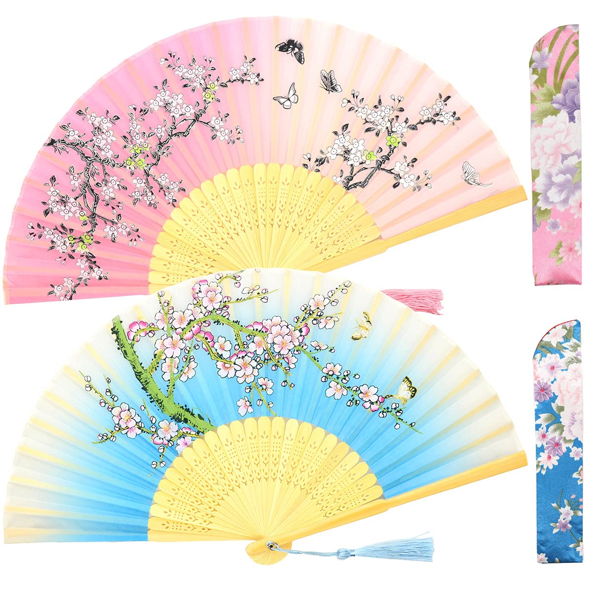 Small Folding Hand Fans for Women -Chinese Japanese 2pcs Vintage Bamboo Silk Fans - for Dance, Music Festival, Wedding, Party, Decorations,Gift. (Blue Peach Blossoms & Pink-Green Sakura)