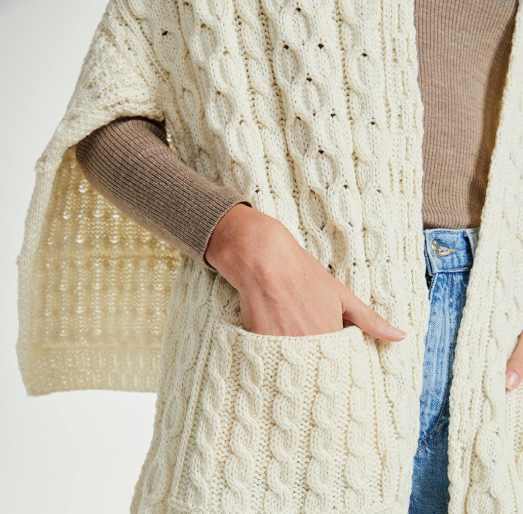 Carraig Donn Traditional Irish Wool Shawl, Aran Stitch Pattern, One Size, Natural