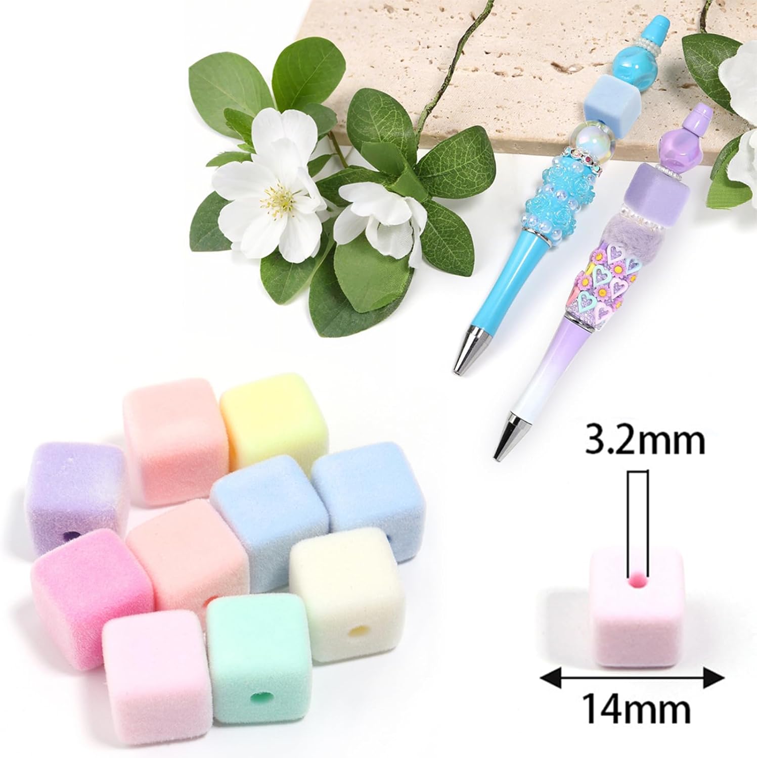 Colorful Velvet Beads for Pens Spacer Chunky Beads for Jewelry Making Beadable Pen Keychains Phone Charms Earrings Bracelet DIY Craft Christmas Ornament Garland Decor, 15mm Cube 40pcs - Image 2