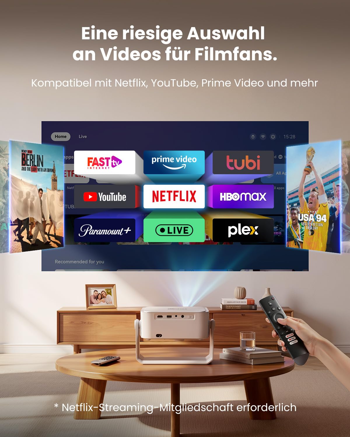 iSinbox 4K Beamer Outdoor mit Netflix, 2x20W Dolby & DTS, HDR10+, WiFi 6 | Schwenkbarer Ständer,Auto Screen Fit, KI-Autofokus, 6D-Keystone, Bluetooth 5.4 Projector für Heimkino, Gartenkino & Gaming