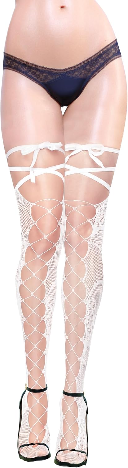 Violet Mist Women Fishnet Thigh High Stockings with Ties Sexy Hollow Out Sheer Pantyhose Nylon Over Knee High Hosiery Socks - Image 4