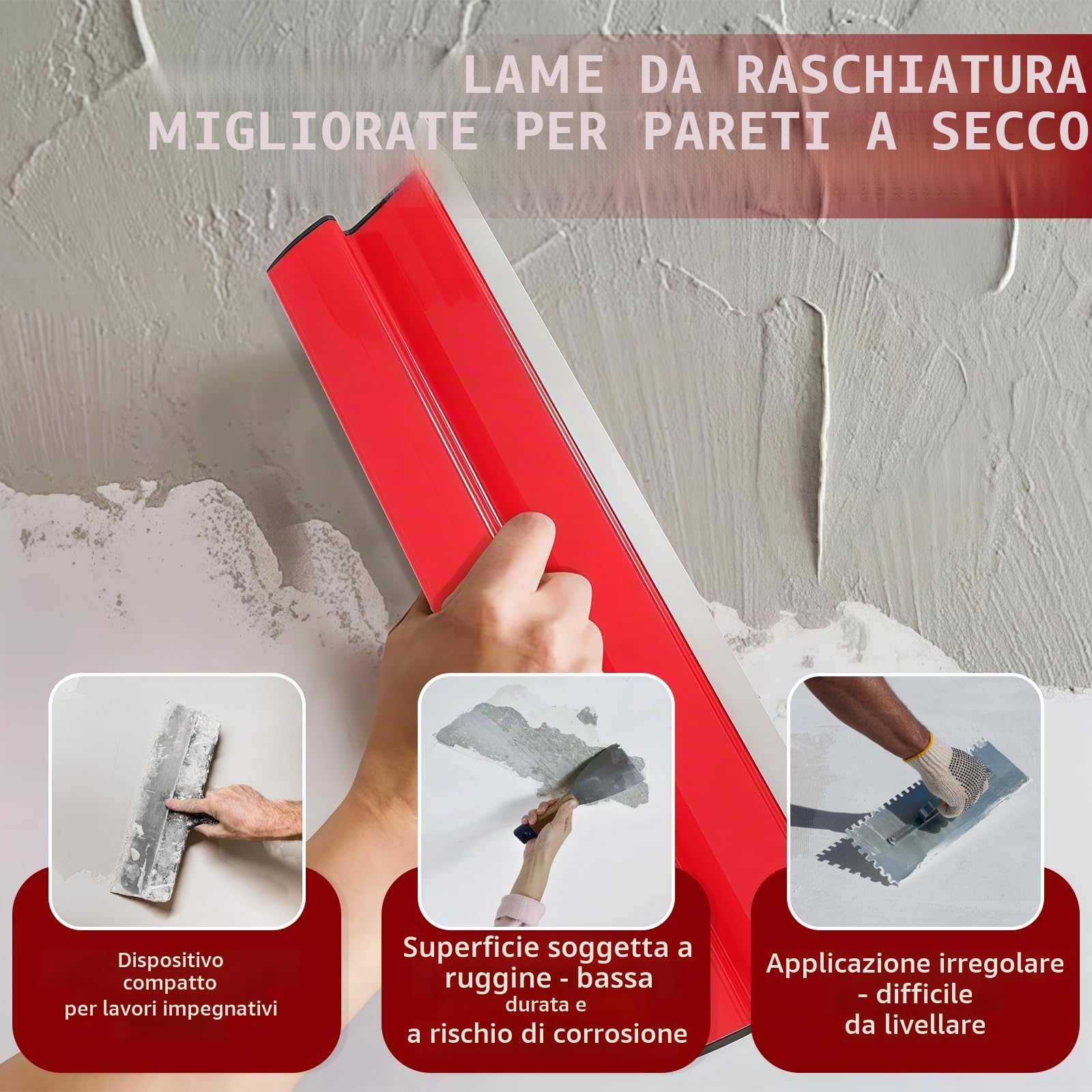 Set di 3 raschietti in acciaio inox (25 + 40 + 60 cm), spatola lisciante professionale per intonacatura, stucco e intonacatura