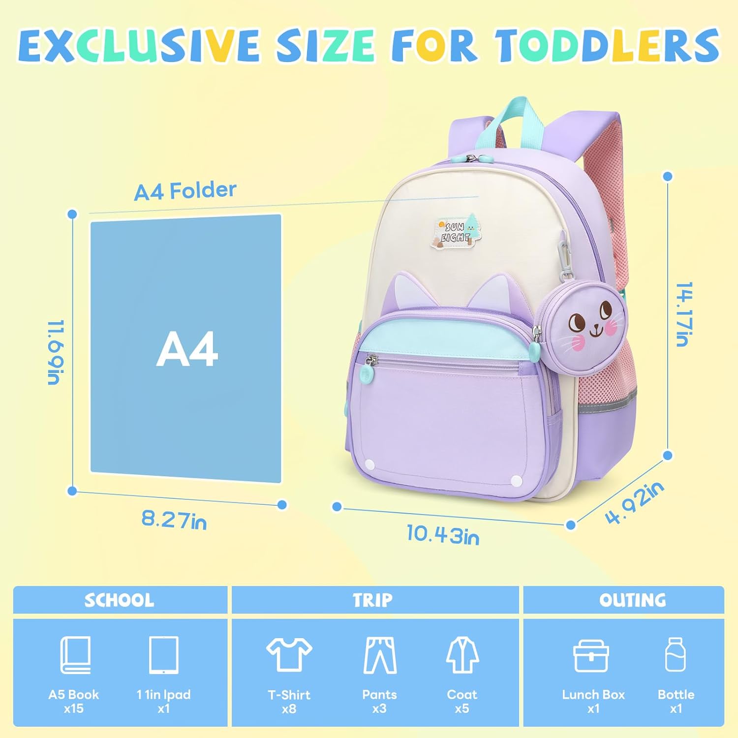 SUN EIGHT Toddler Backpack for Girls Kids Backpack Cute 3D Cartoon School Bag for Baby Girl Boy 2-5 Years (22140-Cat) - Image 3