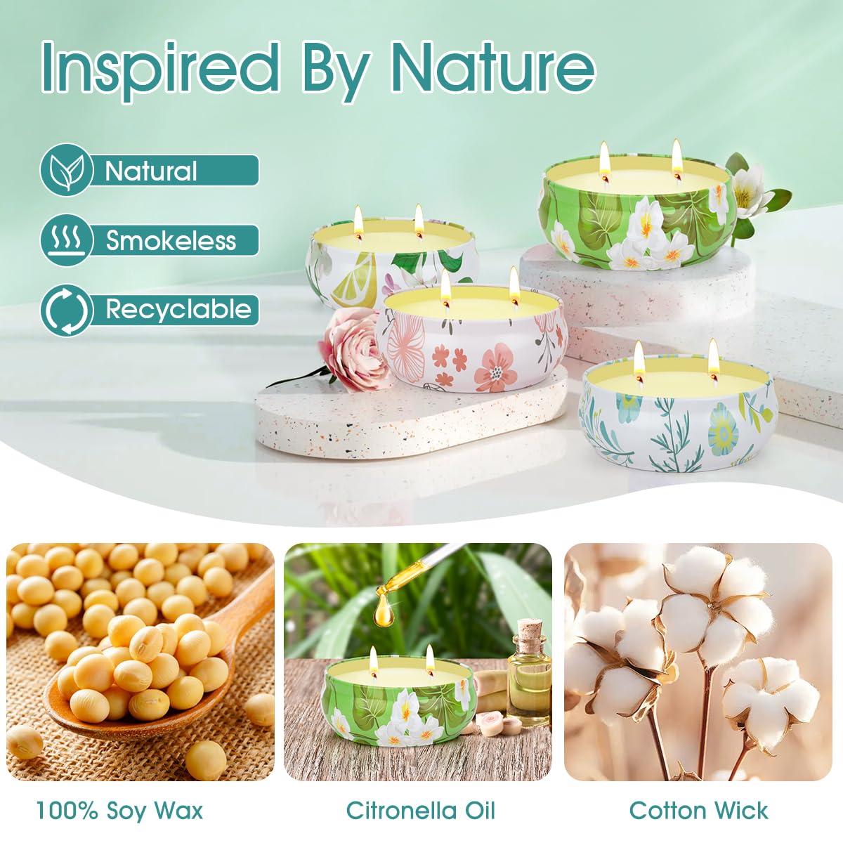 Citronella Candles Outdoor, 4 Pack Soy Wax Lemongrass Candles, Decorative Jar Scented Candle for Patio Garden Backyard Camping Summer, 240 Hours Burning Time