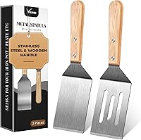 Volikos Stainless Steel Spatula Set 2 Pack - Durable Metal Flippers with Wooden Handles for Cast Iron Skillets, Burgers, Pancakes