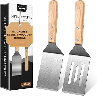 Volikos Stainless Steel Spatula Set 2 Pack - Durable Metal Flippers with Wooden Handles for Cast Iron Skillets, Burgers, Pancakes