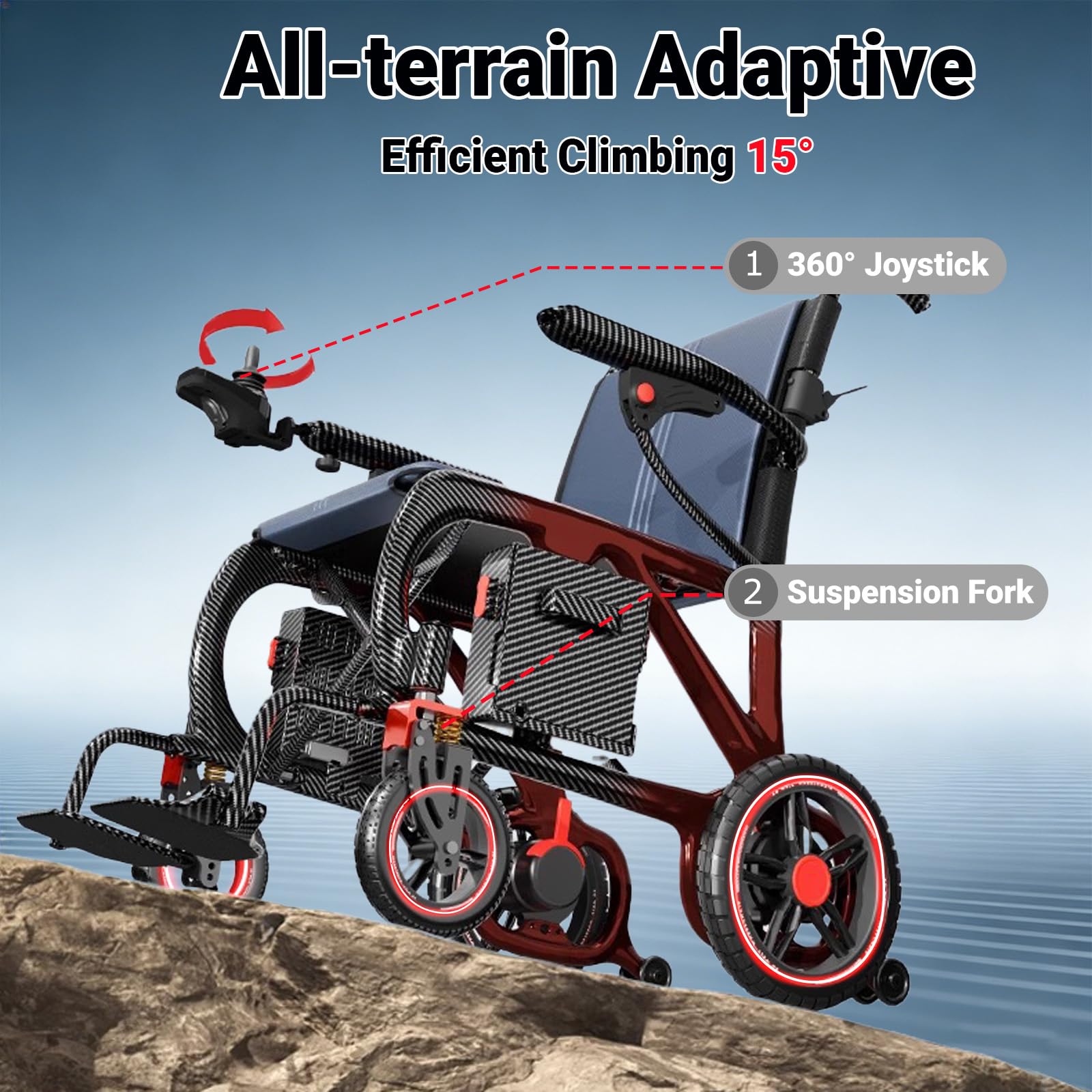 Ultraligera Carbono Fibra Silla de Ruedas Eléctrica Plegable para Adultos, 12 kg, Doble Batería de Litio 10Ah, Motor 400W, Luces, Autonomía de 30 km, Capacidad de 100 kg