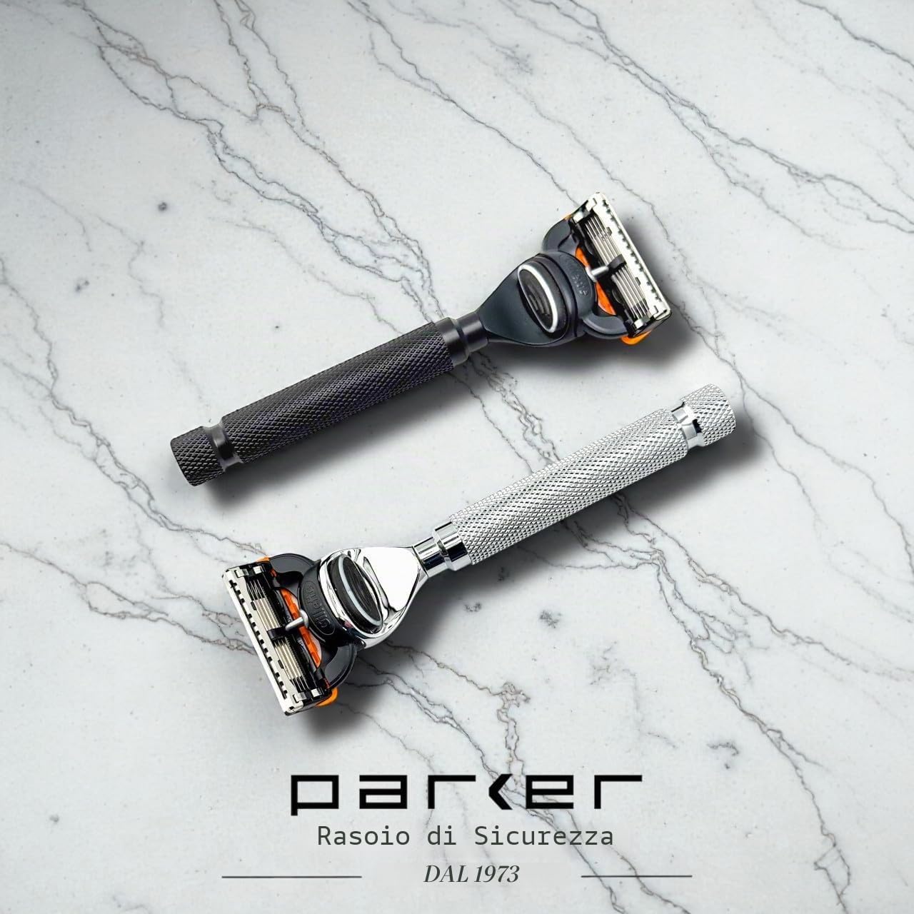 Parker - Manico per rasoio a 5 lame Fusion, impugnatura ponderata e testurizzata per una rasatura fluida, senza tirare, rasoio di lusso pronto da regalare con lama Fusion