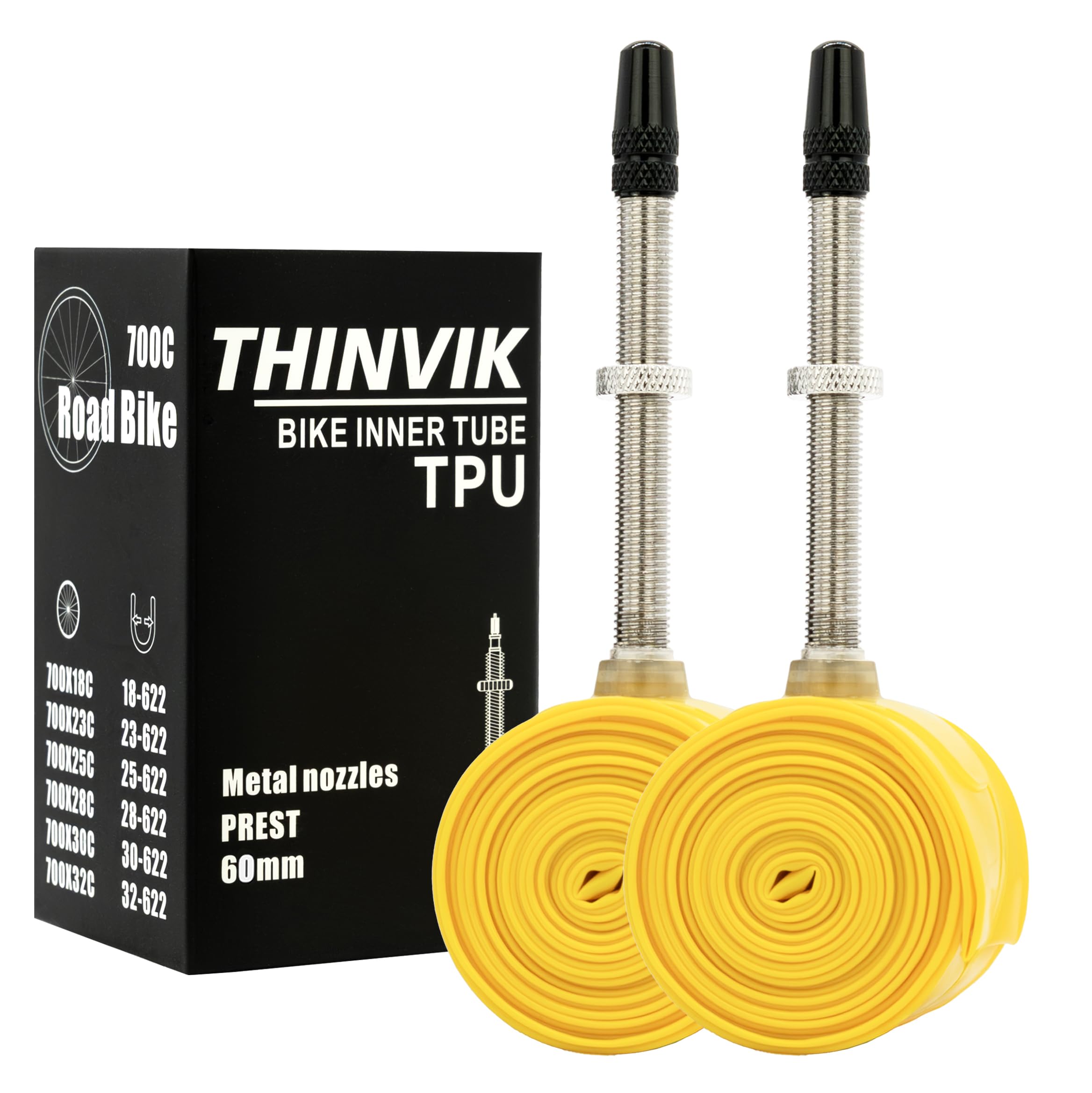 Thinvik Camere d'Aria TPU- Valvola Presta in Metallo 40/60/80mm per Bici da Corsa, MTB e Gravel - 700x18-32c/33-50c/29"/27.5" - 2 Pezzi (1 Paio)