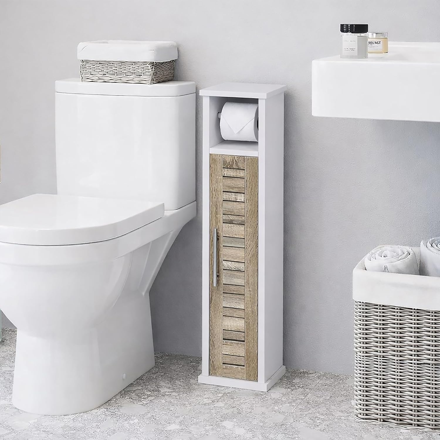 EVIDECO French Home Goods Toilet Paper Storage Cabinet with Dispenser, Compact Toilet Organizer for Bathroom Storage, Holds Up to 6 Rolls, White and Oak Finish - Stockholm Collection