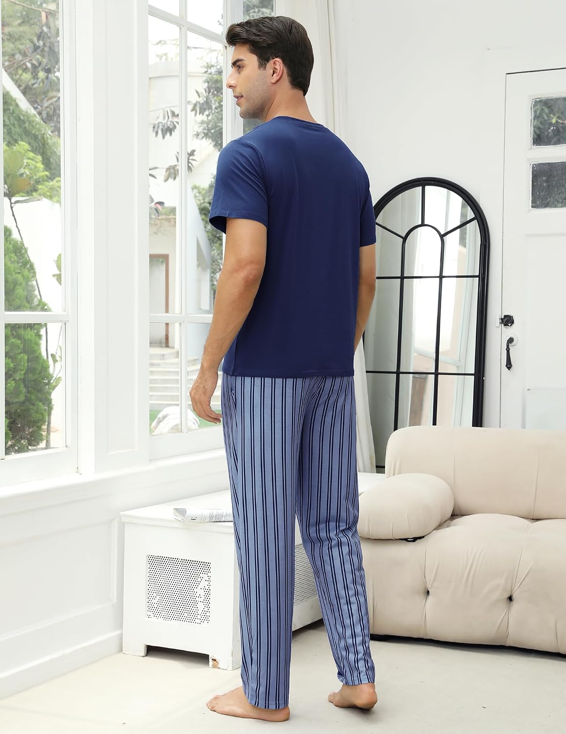Mens Pajamas Set Cotton Short Sleeve and Pants Men's Sleepwear Mens Pjs Sets Soft Casual Loungewear Set with Pockets