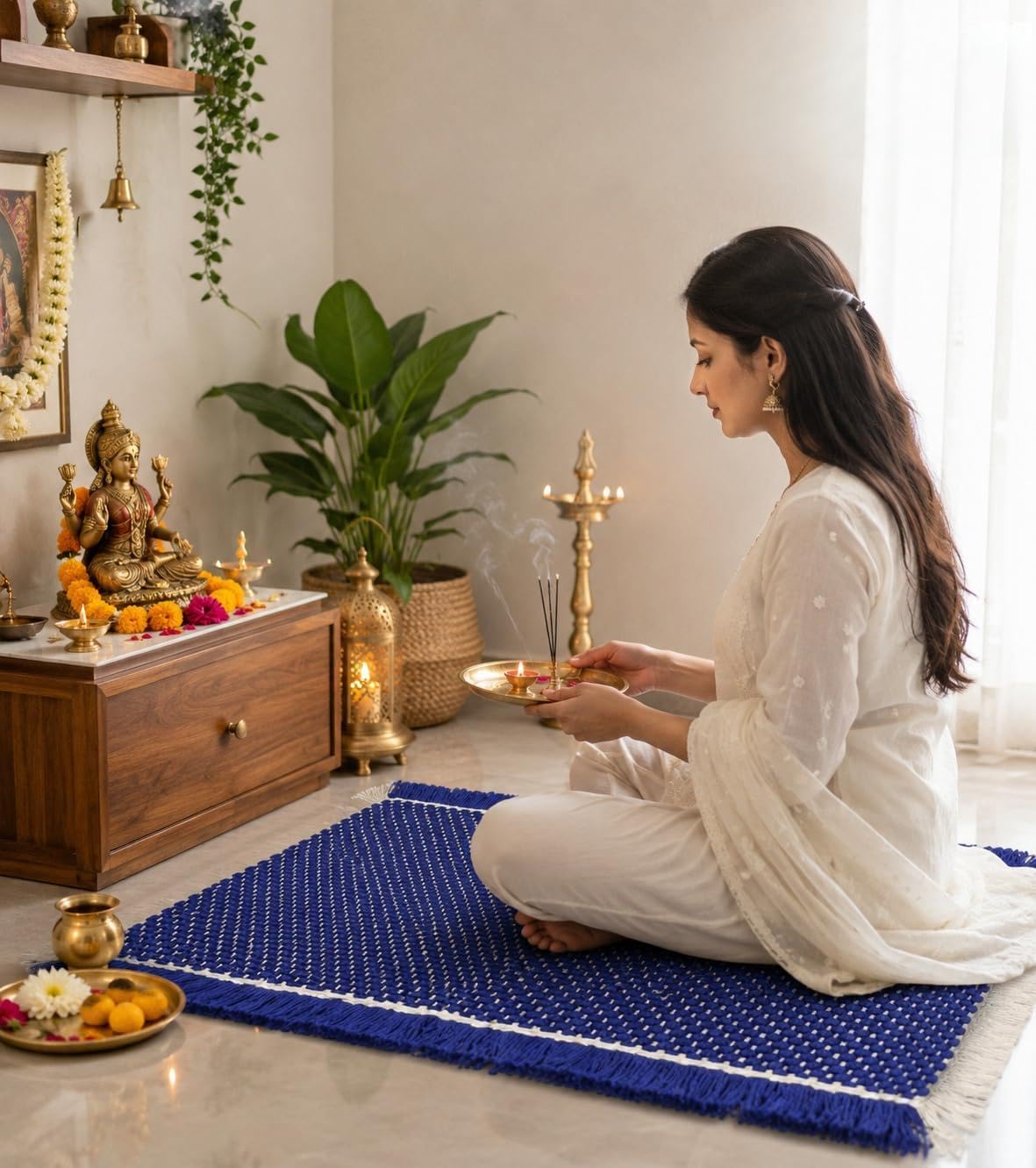Pooja mat for Sitting on Floor | Pooja mat for mandir | Meditation Mat | Pooja Aasan | Traditional Mat | Large Size 2x2 Feet (Blue, 2x2 Feet) | Pooja Mat-picture-27