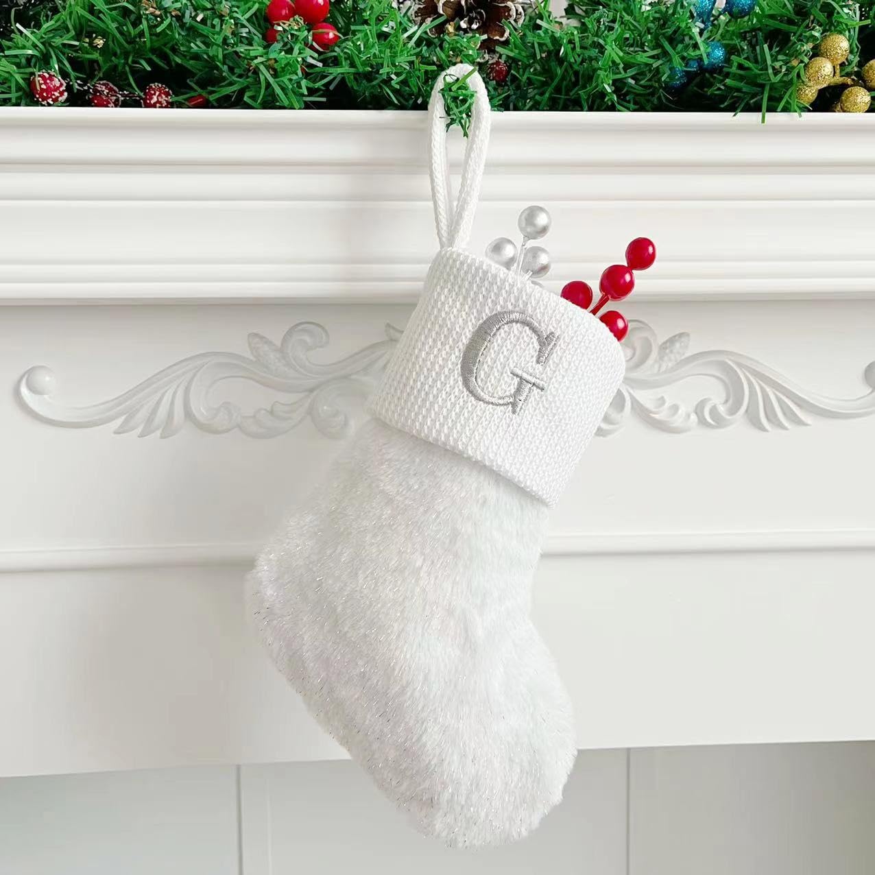 Initial Letter Christmas Stocking White Snowflake Knitted Christmas Tree Stockings Decorative Sock Hanging Ornament for Mantel Fireplace (White G, 10inch)