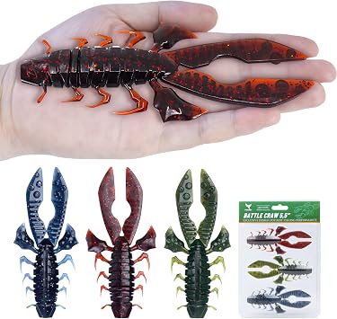 5.5" Soft Craw Baits for Bass Fishing, 3 Color Battle Crawfish Lures with Removable Rattles