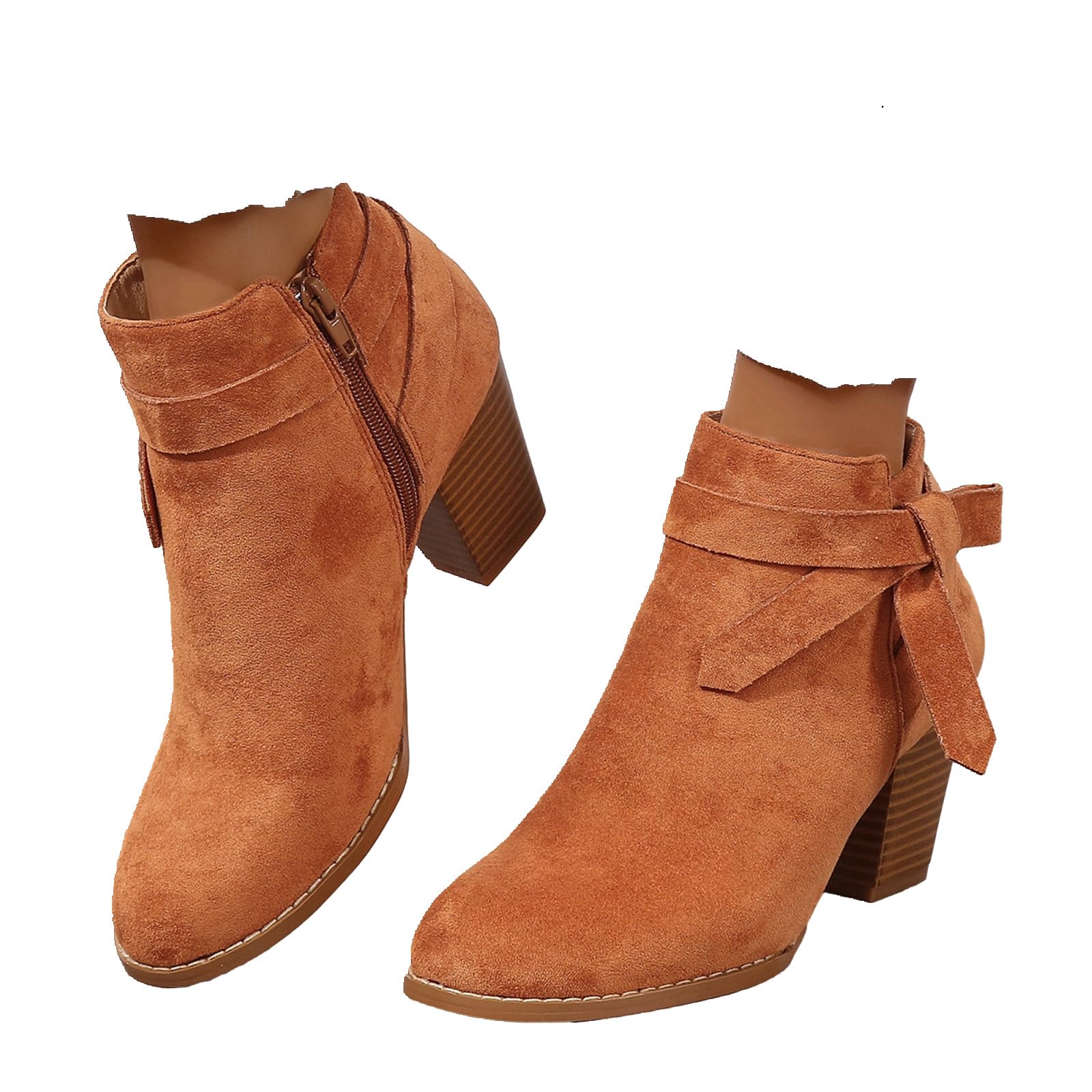 SACFOF Womens Tie Knot Chelsea Pump Ankle Boots Faux Suede Closed Toe Stacked Heel Booties Side Zipper Western