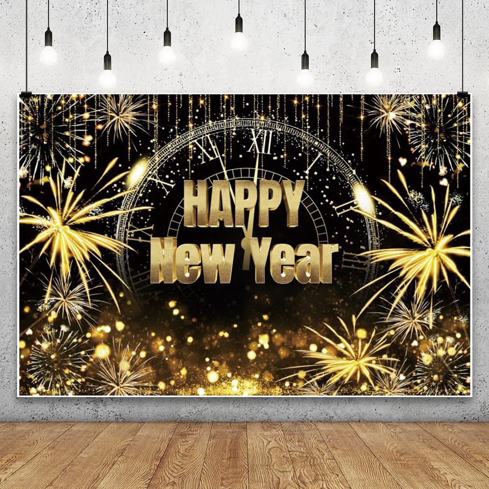Leowefowa Telón de fondo de vinilo de 2,7 x 1,8 m, diseño de feliz año nuevo, fuegos artificiales brillantes y dorados, fondo de fiesta de Año Nuevo, pancarta de fotografía, accesorios para cabina de