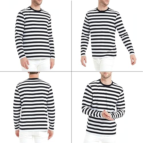 Miniatura 5 de LEDING Camisa para hombre a rayas, color negro, blanco, algodón, elastano, cuello redondo, manga larga, básica, a rayas, casual, camiseta de cuello
