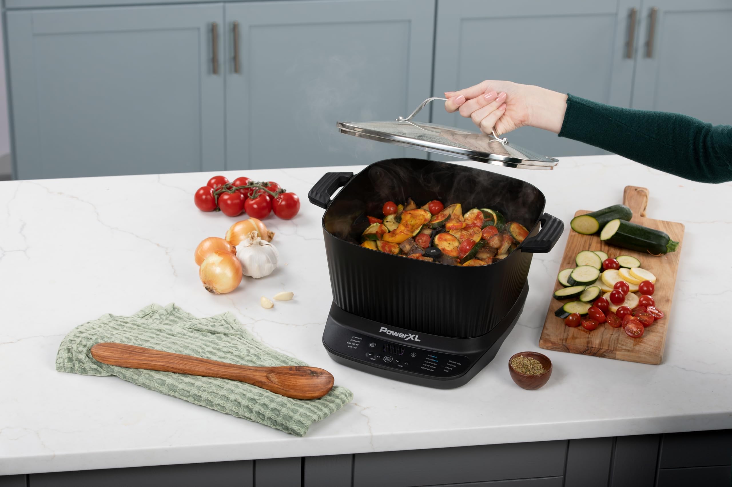 PowerXL™ StirMax™ Olla Multifuncional 5,7L con Tecnología StirMax™, 12 Funciones Preestablecidas, 1500W, Revestimiento Antiadherente Blue Diamond, Cocción Rápida, Diseño Compacto y Temporizador.