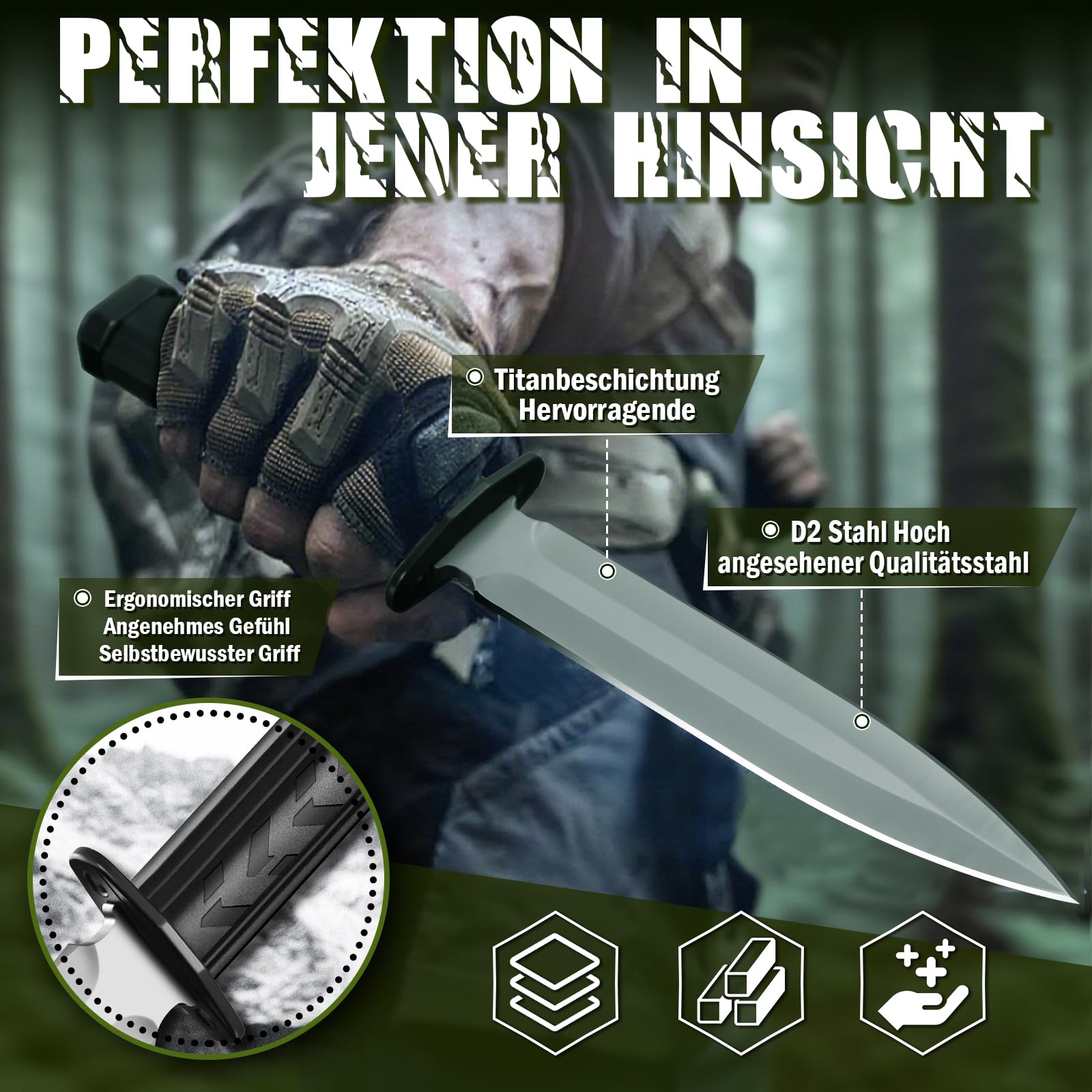 SMITH CHU Outdoor Messer Feststehend, Survival Messer für Trekking Camping, Kydex Scheide mit Schleifstein, Ergonomischer Griff, Schwarz Bushcraft Ausrüstung, Geschenke für Männer