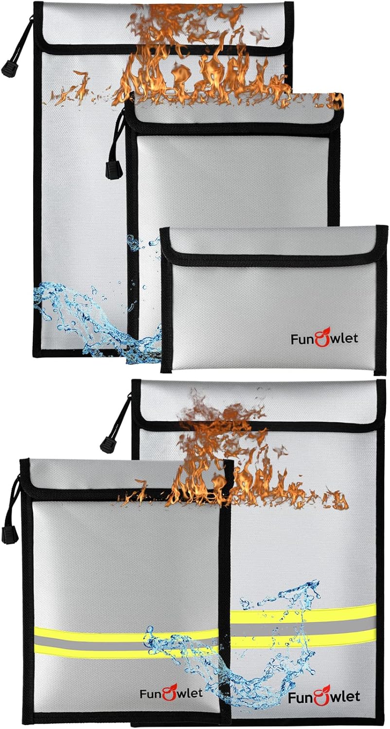 Fireproof Waterproof Money Document Bag - 5 Pack Safe Upgraded Zipper Bags, Fire & Water Resistant Storage Organizer Pouch for A4 A5 Documents Holder,File,Cash,Jewelry,Passport,Tablet,Laptop