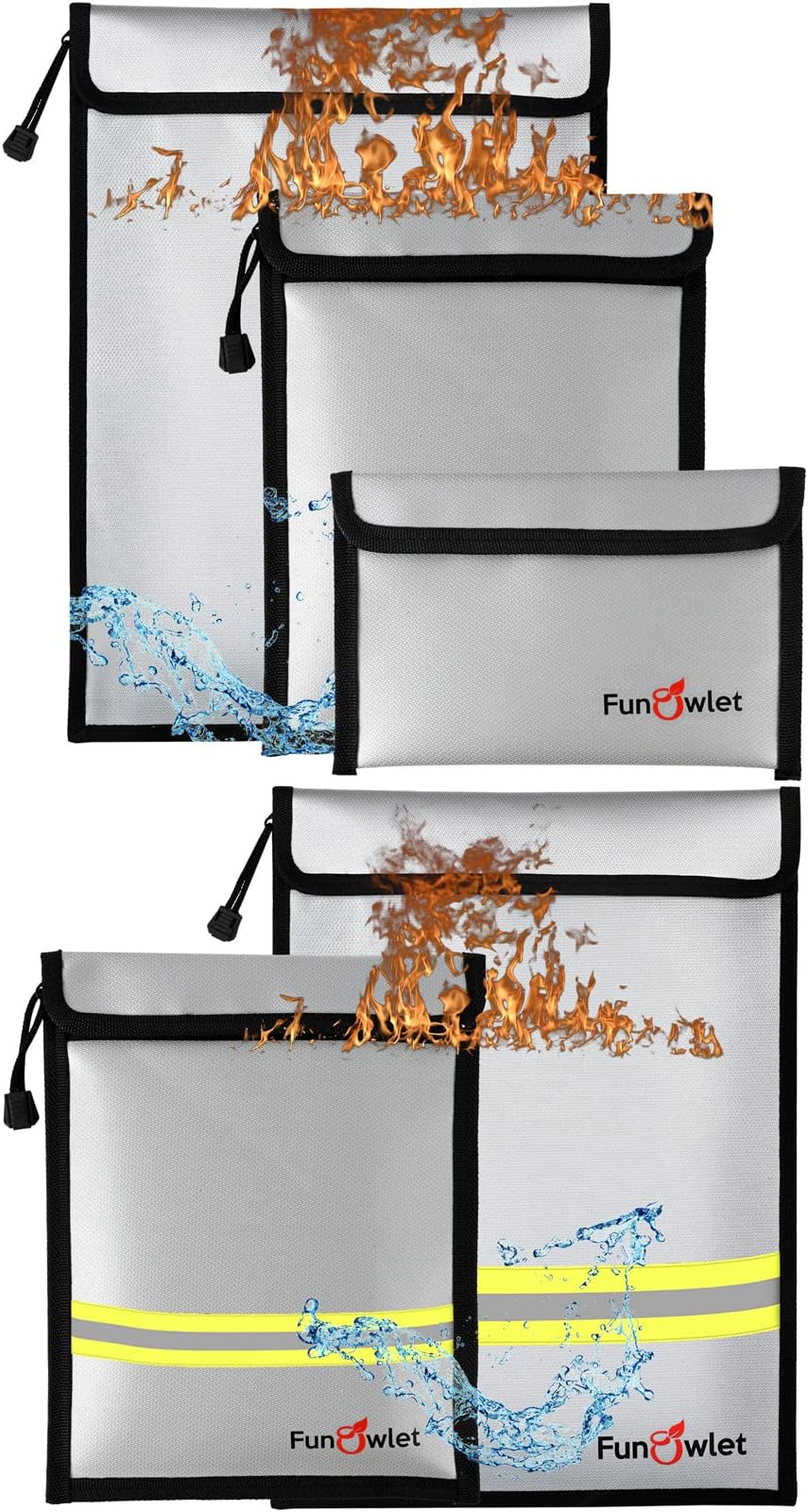 Fireproof Waterproof Money Document Bag - 5 Pack Safe Upgraded Zipper Bags, Fire & Water Resistant Storage Organizer Pouch for A4 A5 Documents Holder,File,Cash,Jewelry,Passport,Tablet,Laptop