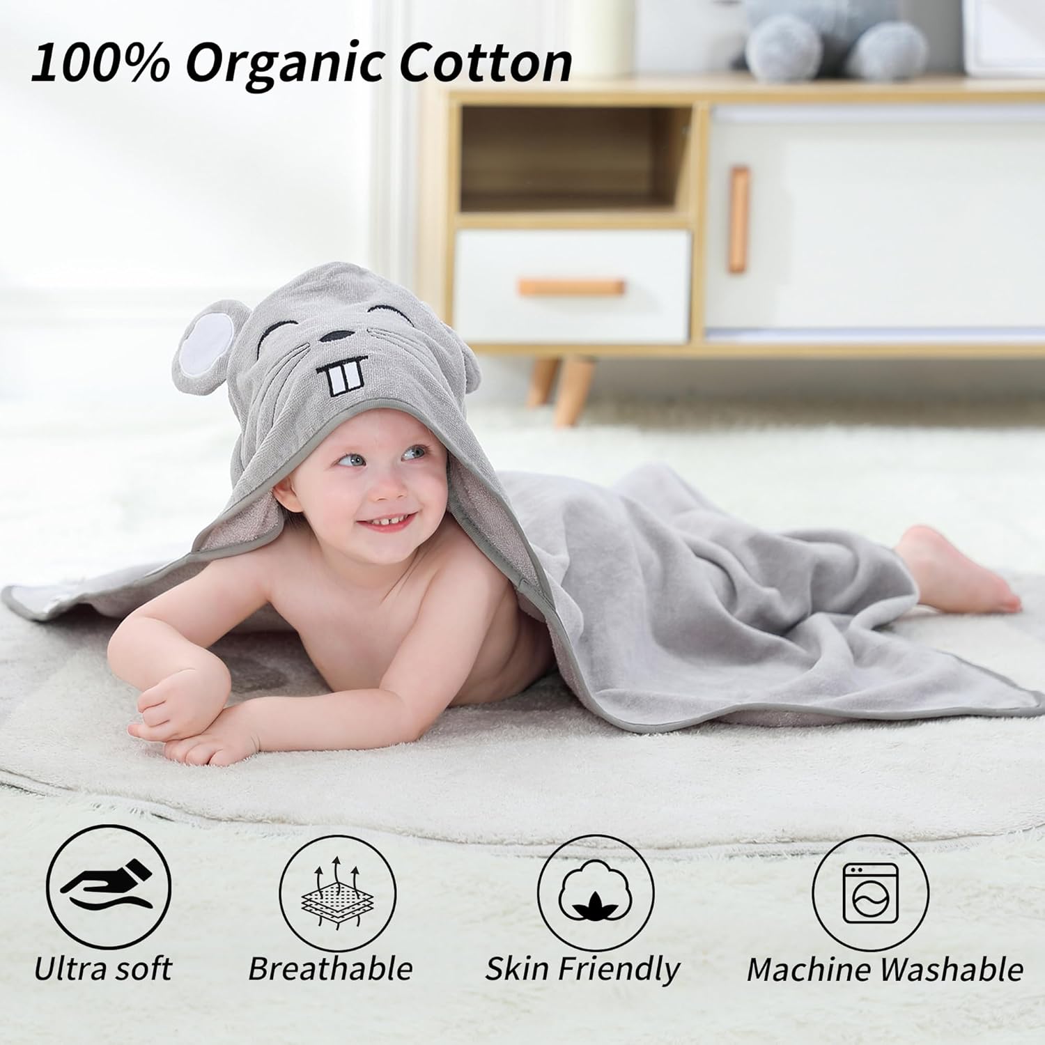 HAHASHOW Baby 3D Animal Hooded Bath Towel, 100% Cotton Ultra Soft Thick Bathrobe Shower Gift for Newborn Boy Girl Large Size 35 X 35 Inch Mouse