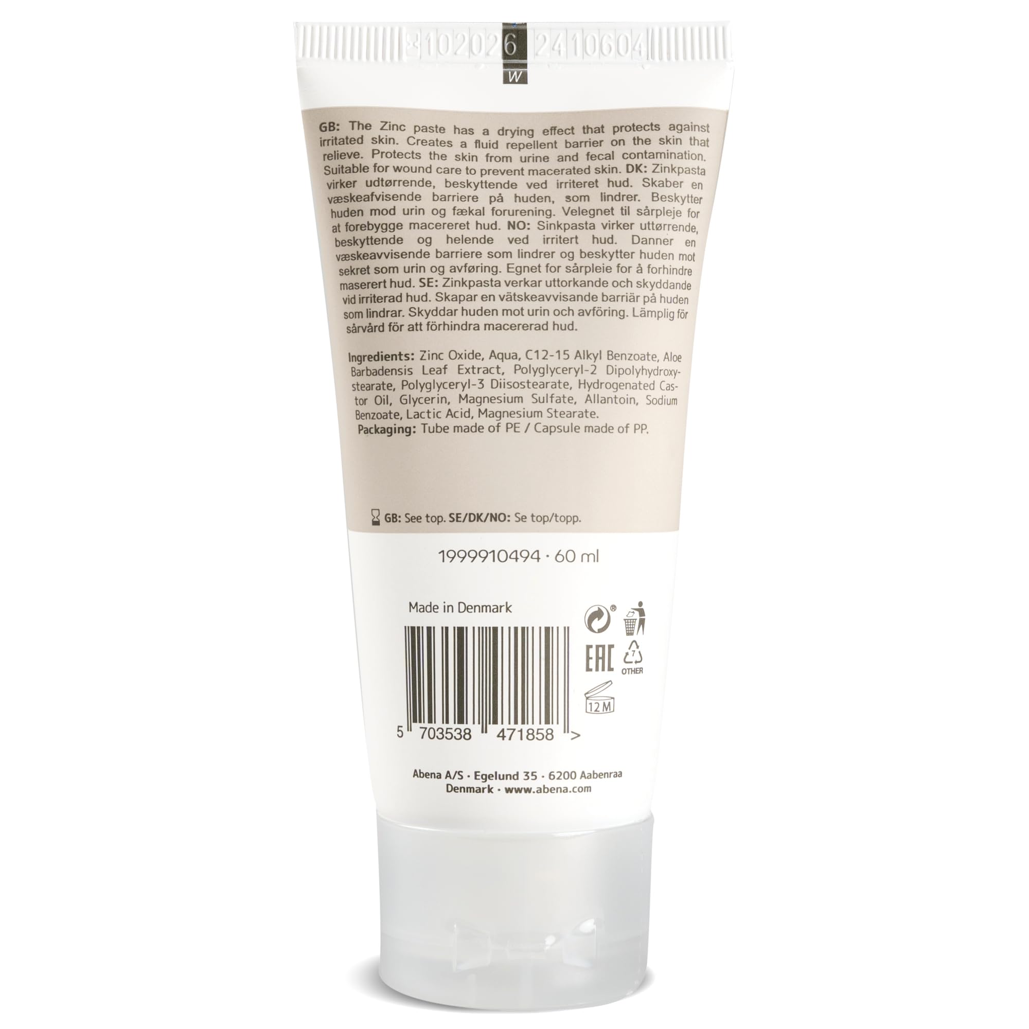 ABENA pasta di zinco 60 ml 40% ossido di zinco barriera repellente lenitivo pelle