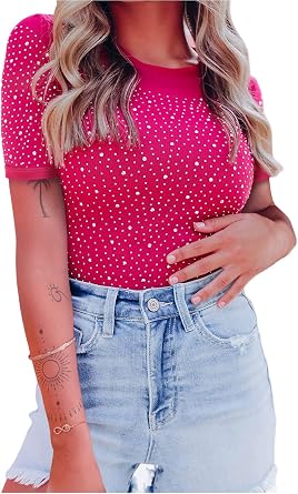 Hotmiss Short Sleeve Bodysuit for Women Mesh Rhinestone Studded Bodysuit Women Going Out Thong Tops Sexy Shirts