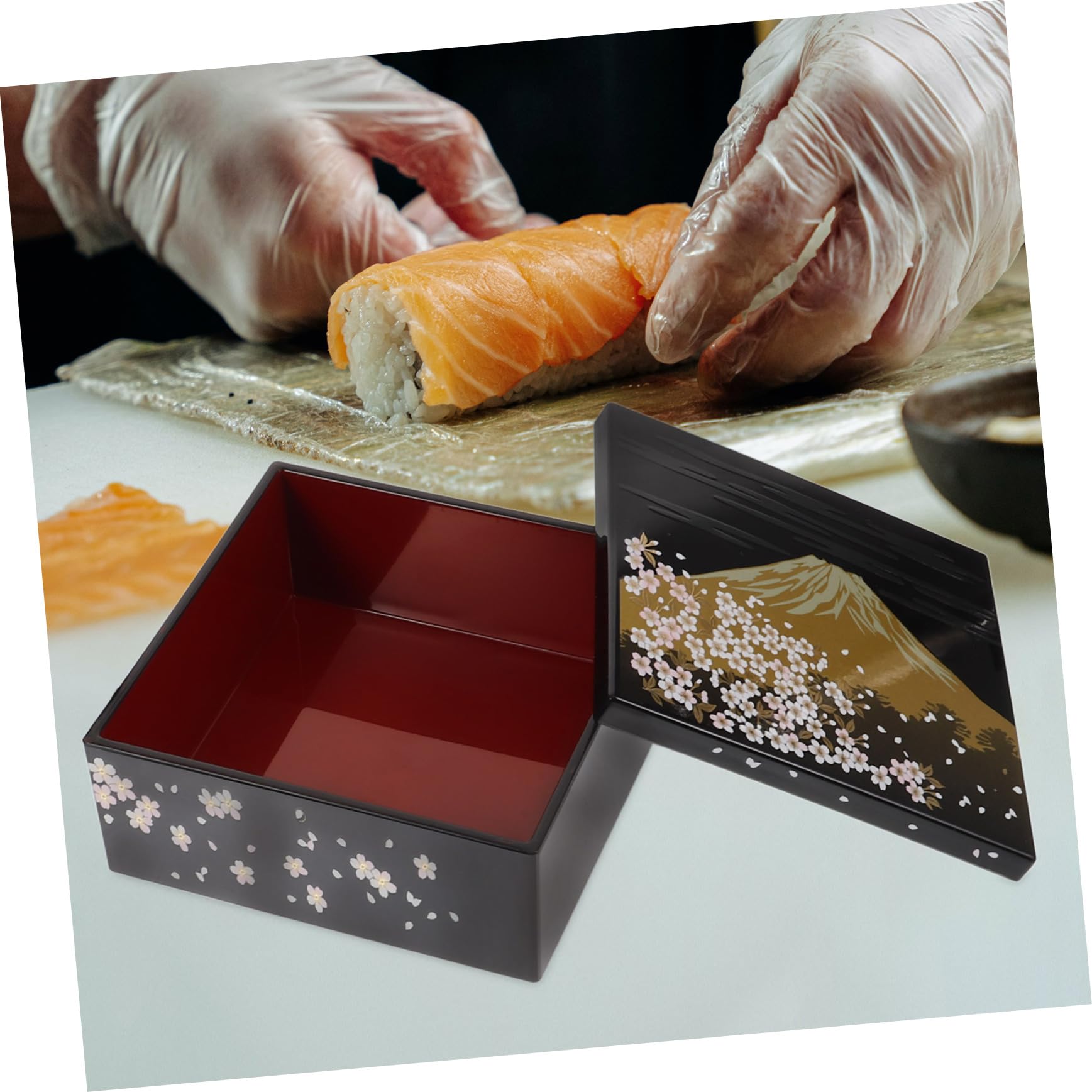Boîte Bento Japonaise à Sushi, 3 Niveaux, Plastique Noir, Motif Mont Fuji, Réutilisable, pour Déjeuner et Desserts, Usage Quotidien