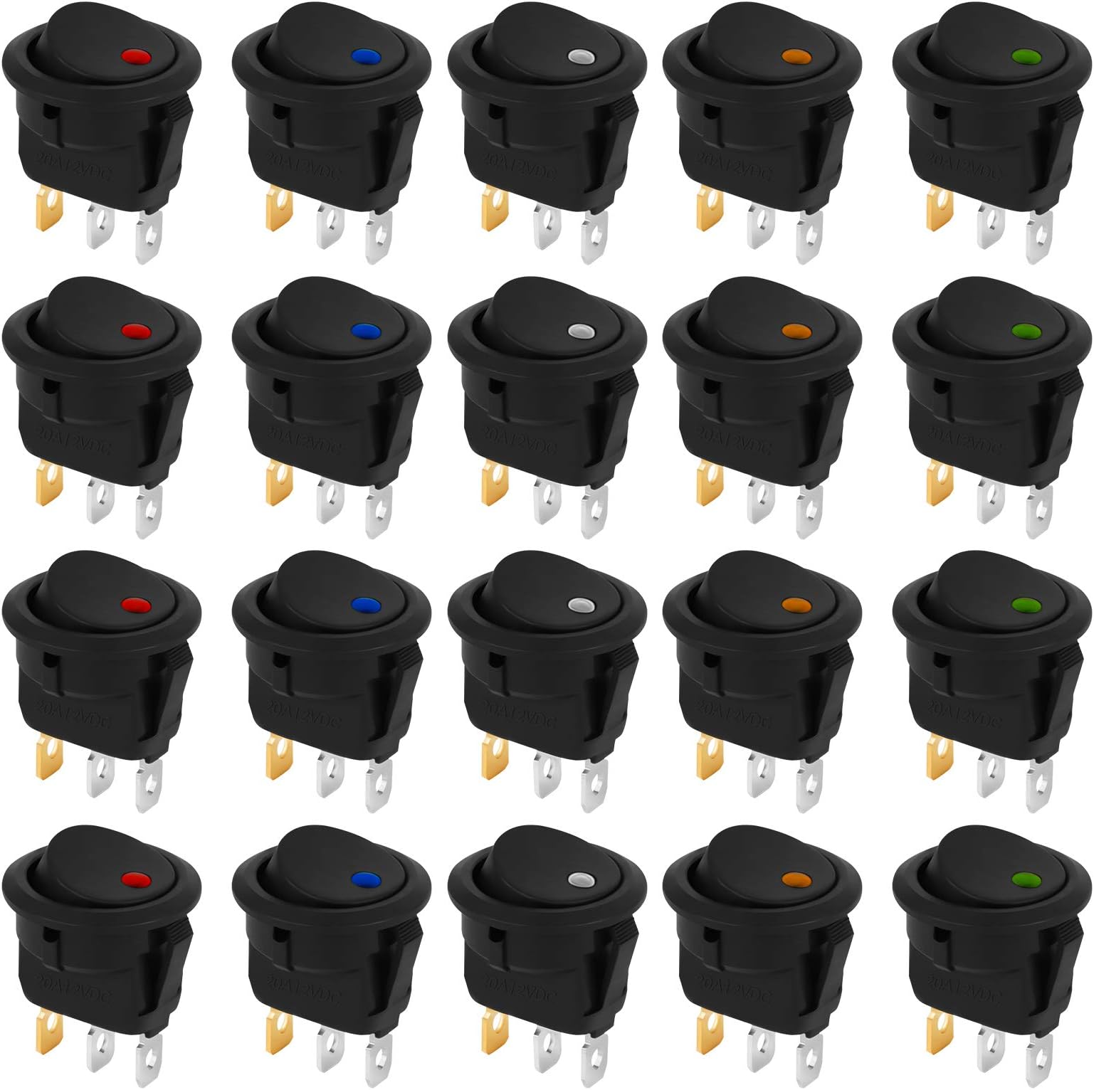 Jubaopen 20PCS Auto Switch 12V Led Car Switch with LED Light 20ADC On-Off DC Rocker Switch Round Automotive for Car Boat Truck Trailer Household Appliances