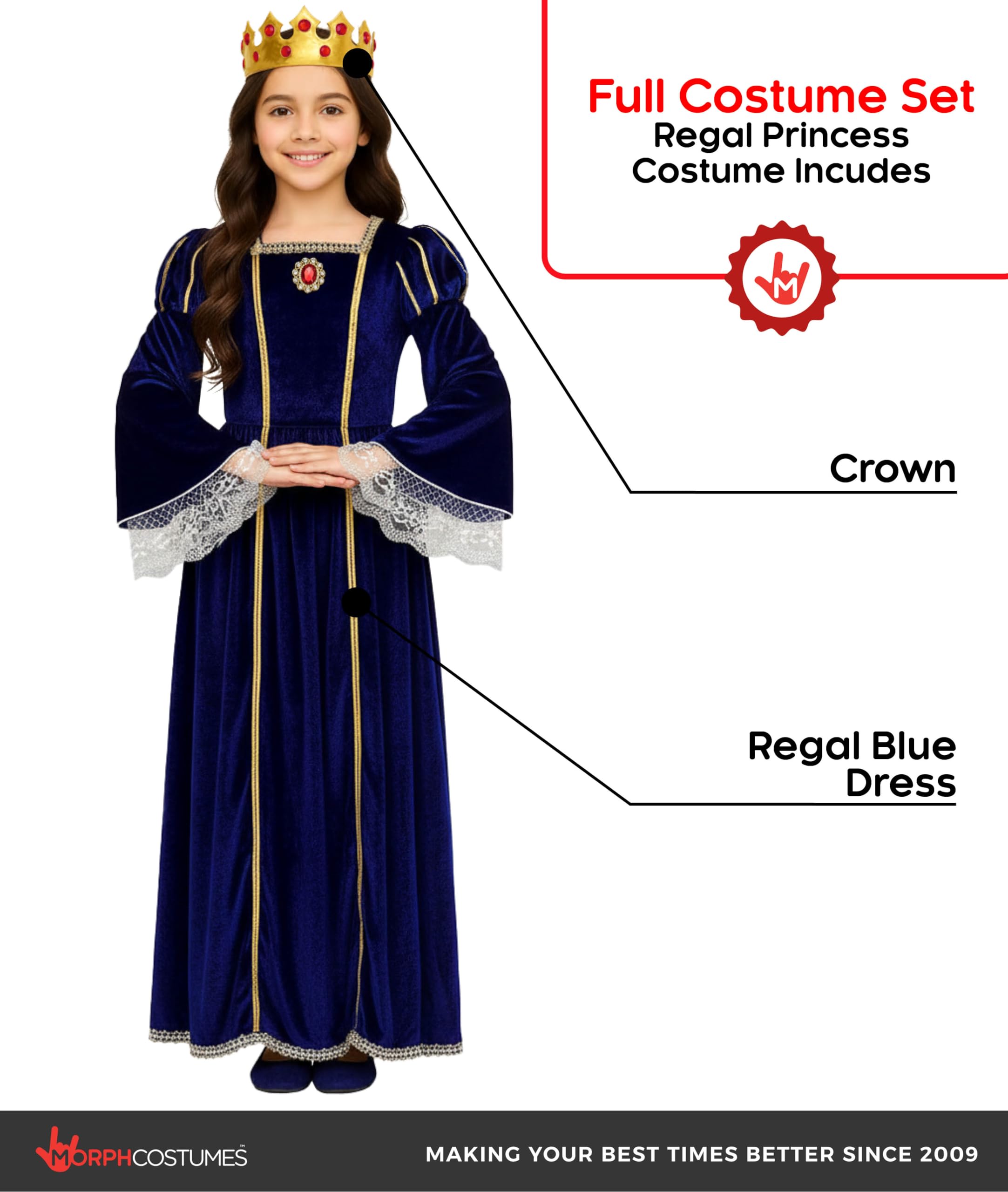 Morph Costume Rinascimentale Bambina Blu, Abito Medievale Principessa Blu per Bambine, Costume Regina Bambina, Costume Halloween Bambina