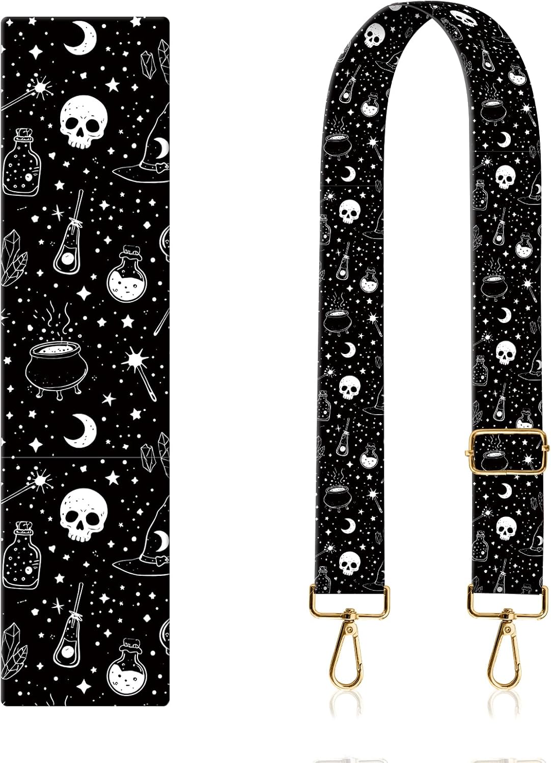 Purse Strap Replacement Crossbody, Golden Buckle 1.5" Wide Cute Shoulder Strap Adjustable Canvas Straps Handbag Strap Black White Skulls