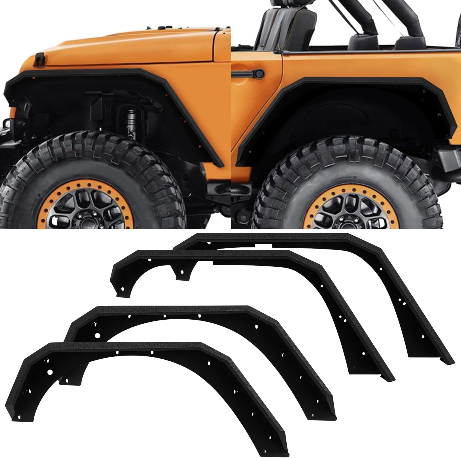 SUORTO Flat Front & Rear Fender Flares Compatible with 2007-2018 Jeep Wrangler JK JKU Unlimited 2/4 Doors Heavy Duty Steel Off-Road Wheel Fenders Kit Textured Black Finish-4 PCS Set
