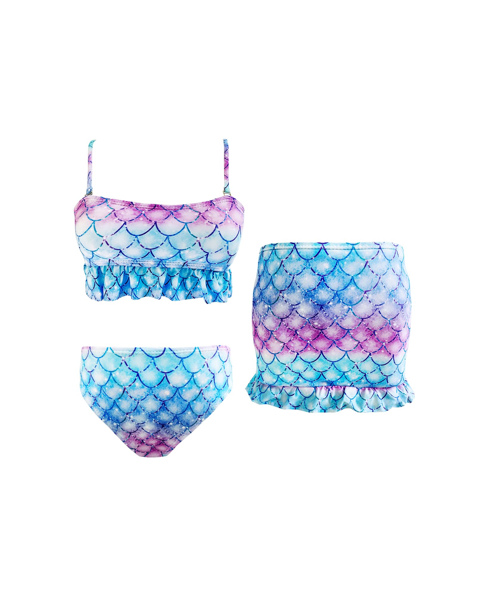 PAEHUIMT Bañadores Niña Sirena, Bañador Niña Natacion 4-12 años, Bikini 3 Piezas, Bañador Piscina Niña, Tirantes Ajustables, Ropa de Baño