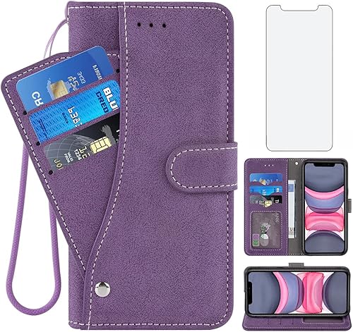 Compatible con iPhone 11 6.1 Funda tipo cartera y protector de pantalla de vidrio templado, funda con tapa para monedero de cuero con tarjetero de