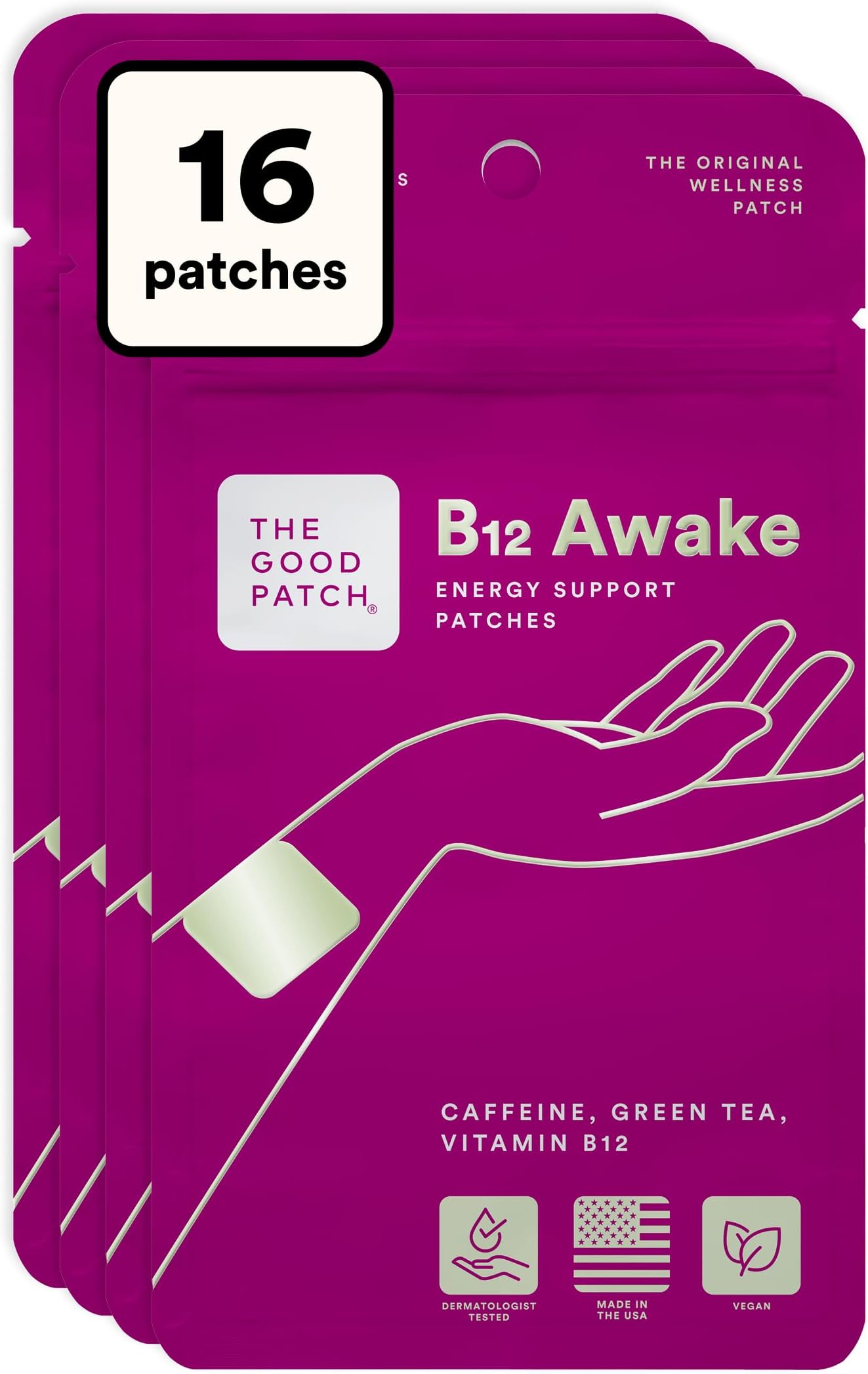 The Good Patch B12 Awake Patch, Natural Patch with Caffeine, B12, and Green Tea Extract, Plant Powered Wearable Wellness, Helps to Promote Energy (16 Total Patches)