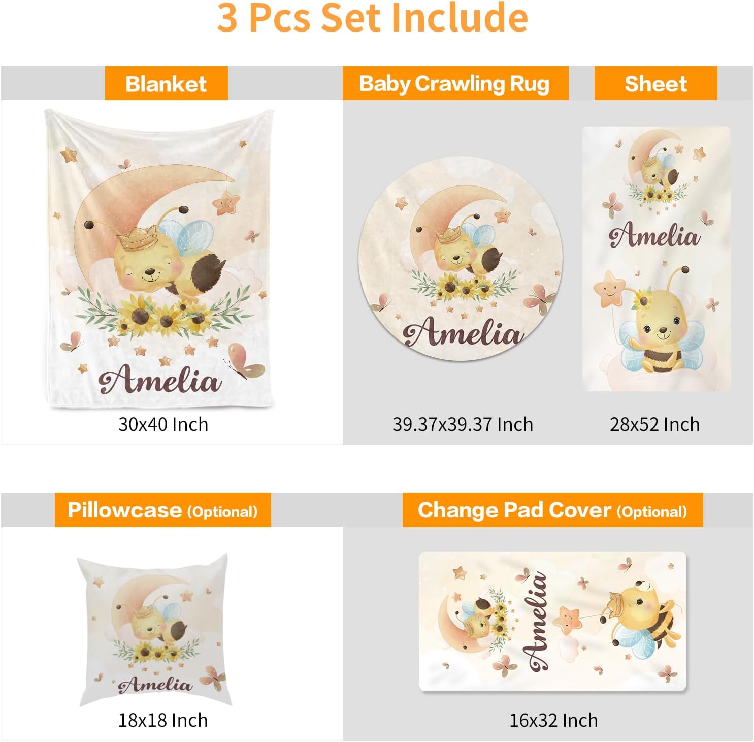 Custom Baby Crib Bedding Set - Moon Animal Personalized Name Nursery Bed 3 Pcs Set - Chic Soft Blanket, Sheet, Crawling Rug for Newborns Boys Girls Gifts Color05-Bee