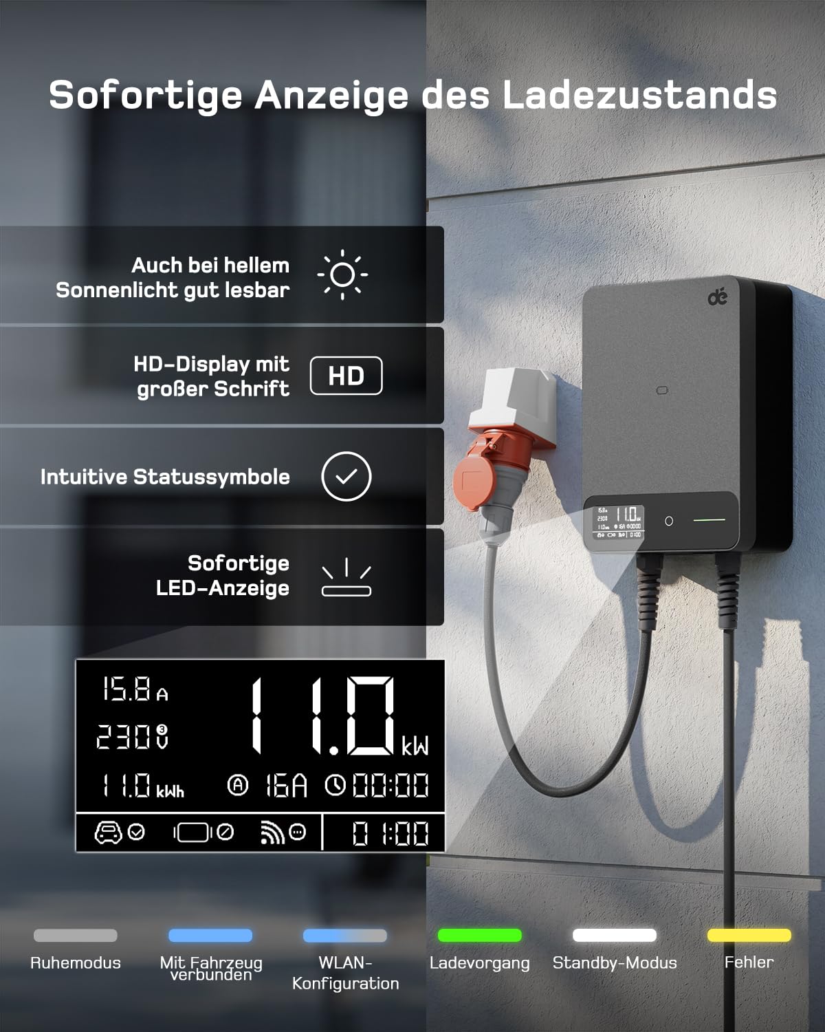 dé Wallbox 11kW mit APP, 7,5m Typ 2 Ladekabel mit Kabelhalter, 3-Phasen EV-Ladegerät (6-16A, 400V), für BEV/PHEV, RCD Type A 30mA AC + 6mA DC & IP54-Schutz, effiziente Ladestation für Zuhause, Schwarz