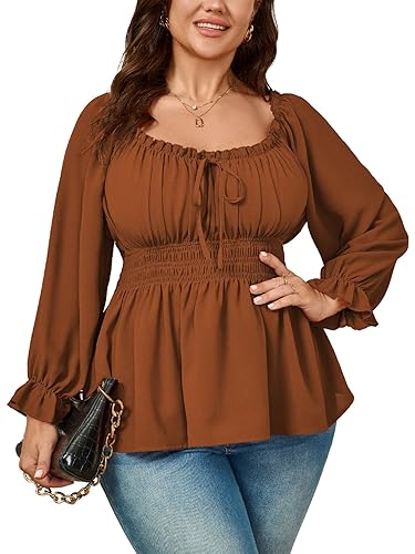 Womens Plus Size Tops Square Neck Long Sleeve Blouse Babydoll