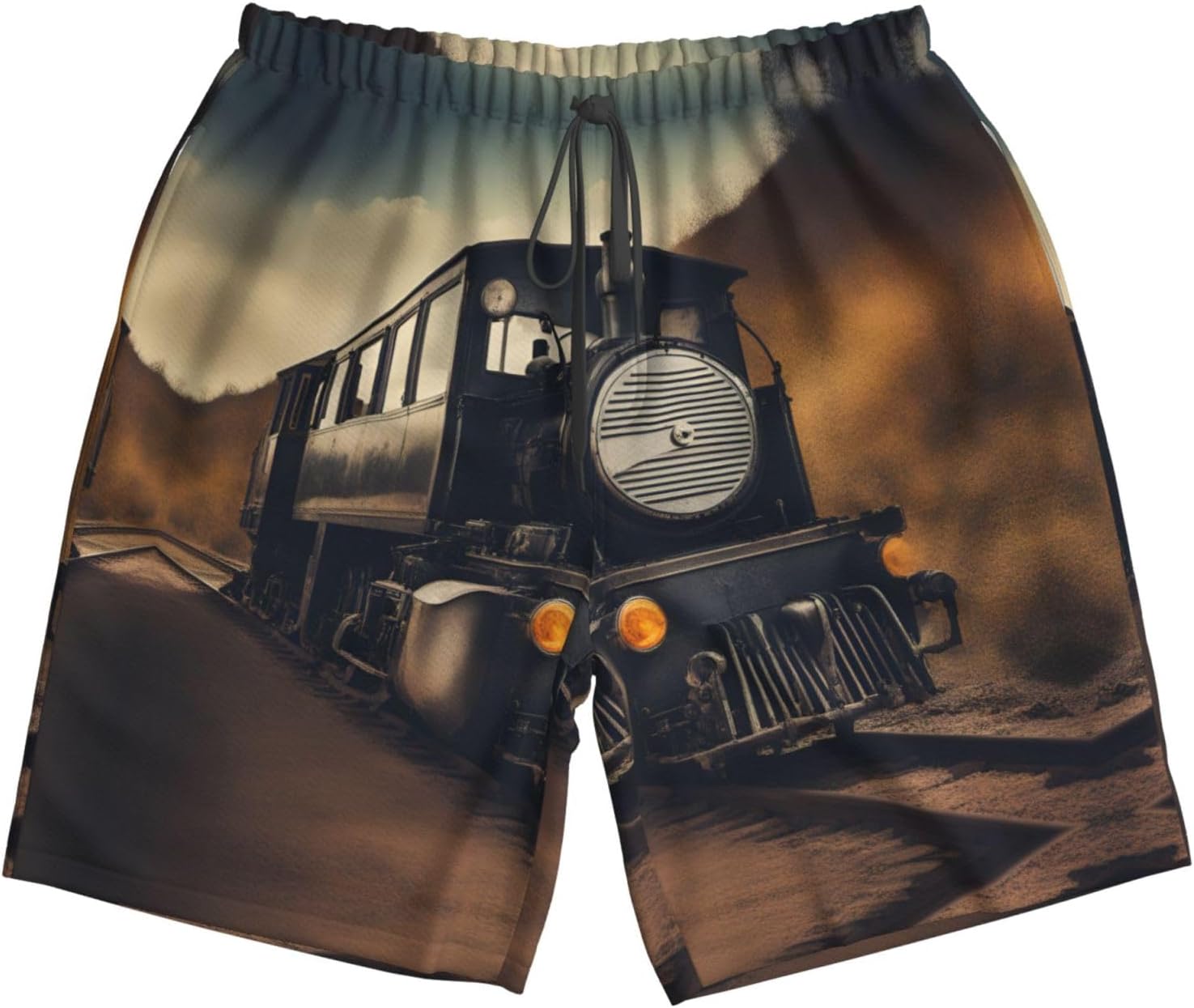 Locomotive Print Men's Quick-Drying Shorts Casual Beach Pants Stretch Waist Shorts and Pockets