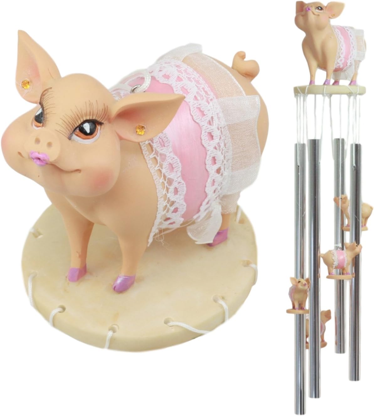 Ebros Mother Goose Nursery Rhymes Miss Piggy Pink Pig with Apron Wind Chime 21" Long Resin Crown with Aluminum Rods Wind Chime Home Patio Garden Decor