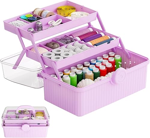 Miniatura 10 de Caja de plástico para manualidades de 3 capas de 13 pulgadas con asa, caja de almacenamiento multiusos para suministros de arte, cabello y costura,